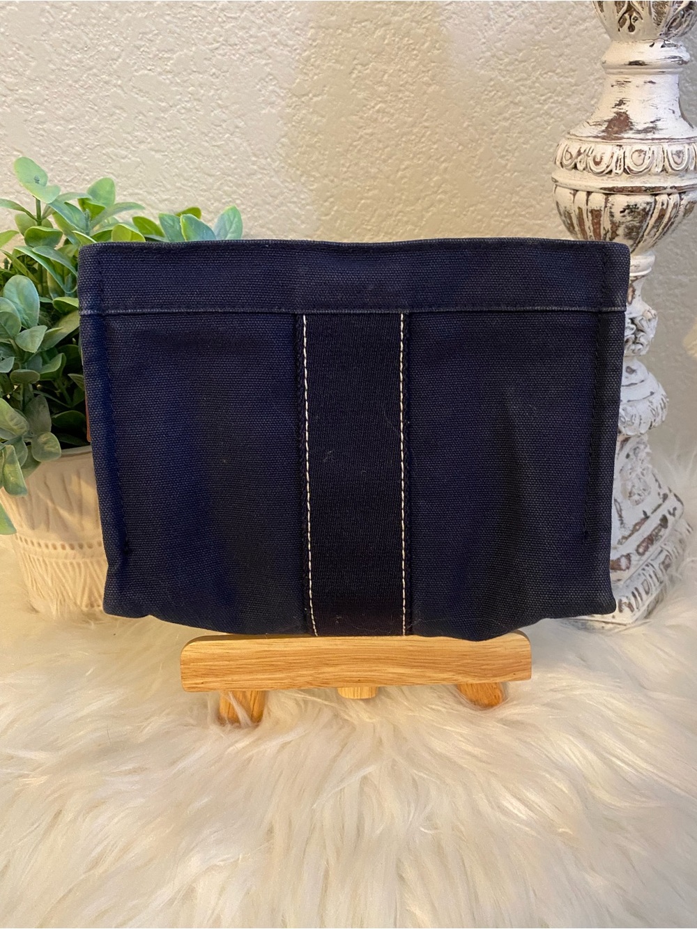 Hermes Navy Canvas Cosmetic Pouch with Contrast Stitching